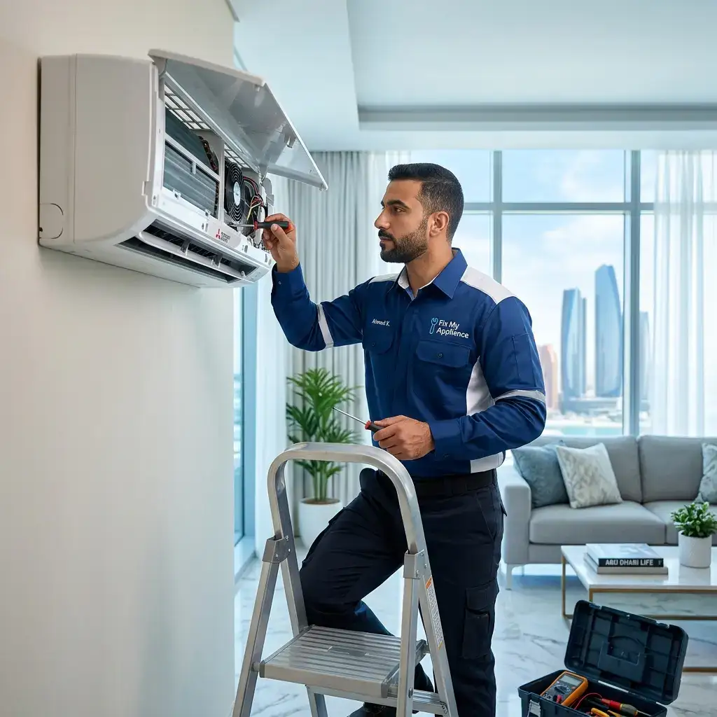 Technician performing Maintain AC in Abu Dhabi service in a home, cleaning and repairing air conditioner unit