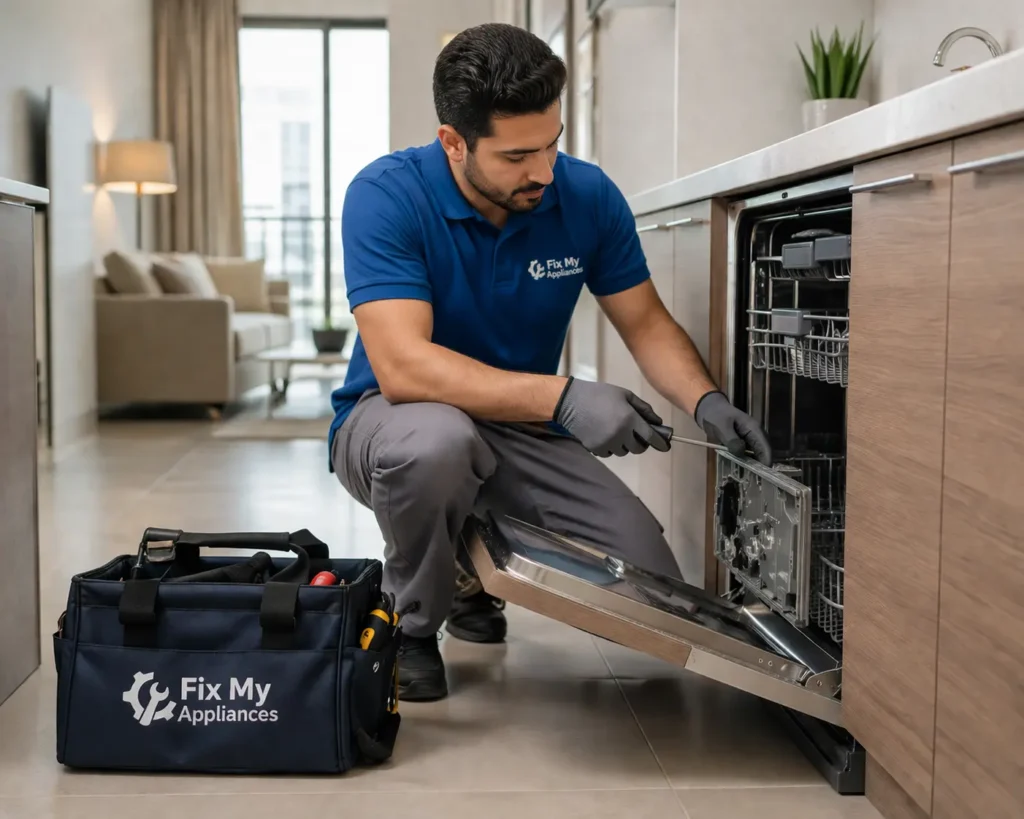 fix appliance problem in Abu Dhabi as a technician repairing dishwasher at home