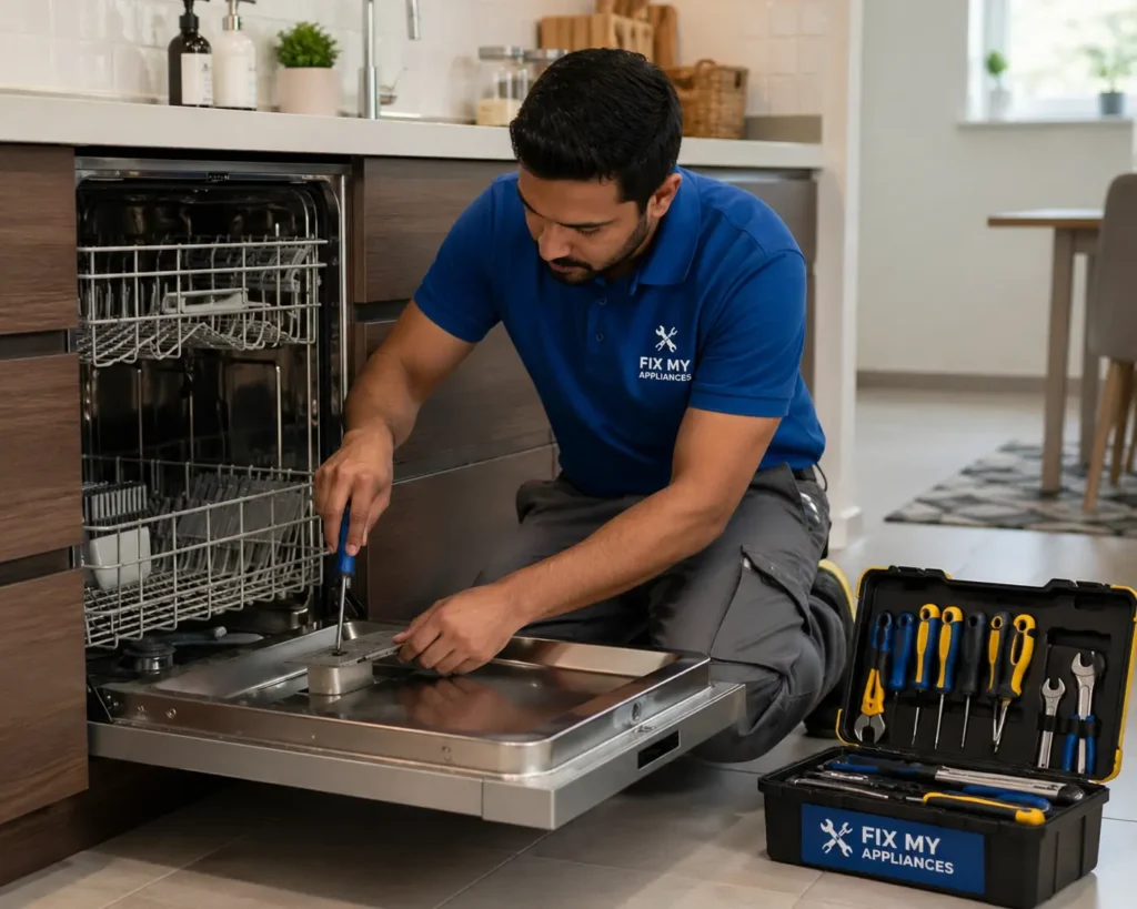Technician performing dishwasher maintenance in Abu Dhabi kitchen wearing Fix My Appliances uniform