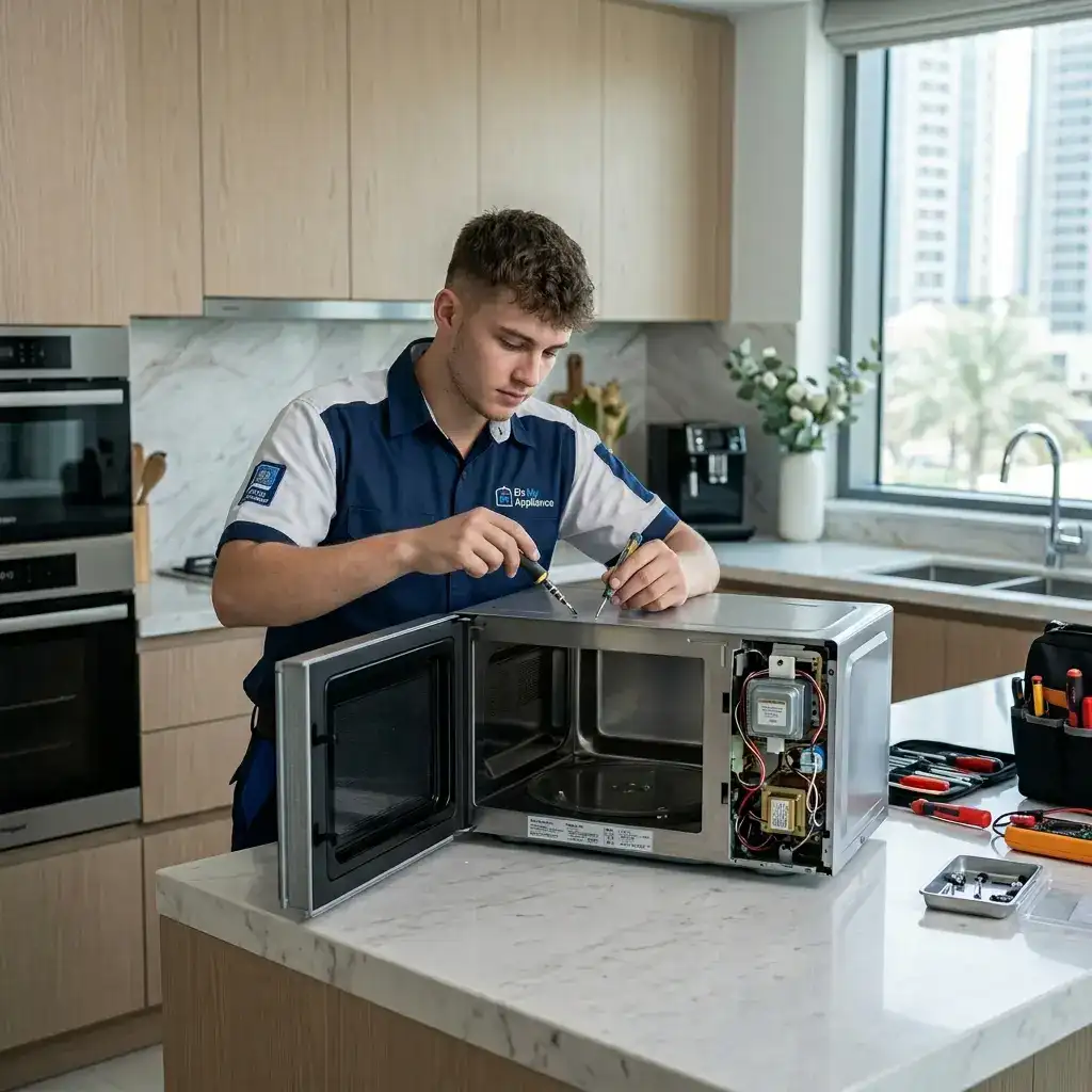 Technician maintaining home appliances to prevent appliance damage in Abu Dhabi