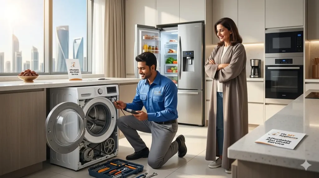 Affordable appliance repair technician fixing washing machine in Abu Dhabi home