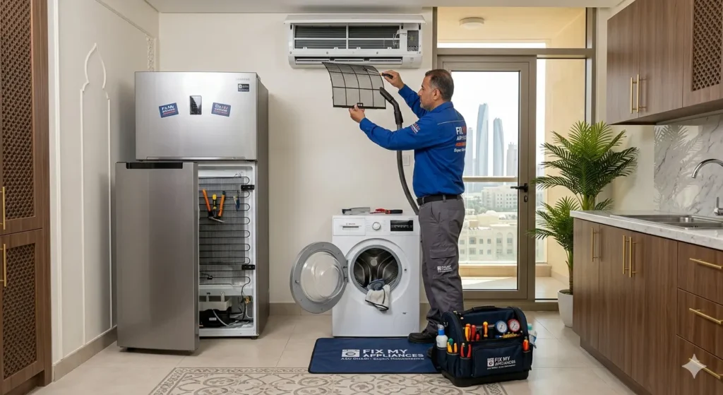 Technician performing maintenance to extend life of home appliances in Abu Dhabi home