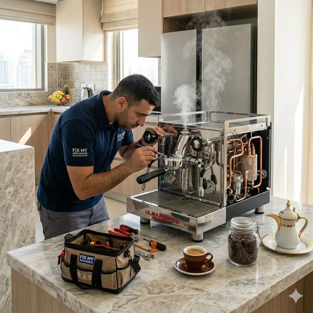 Technician performing coffee machine repair Abu Dhabi service in a modern kitchen