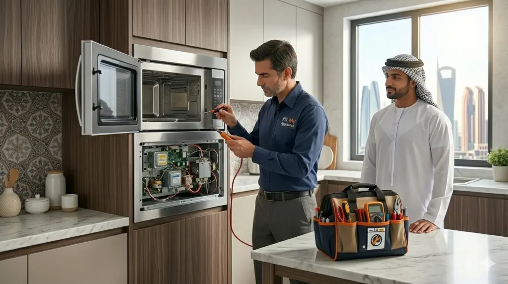 Microwave oven repair Abu Dhabi technician fixing a built-in microwave oven in a modern kitchen