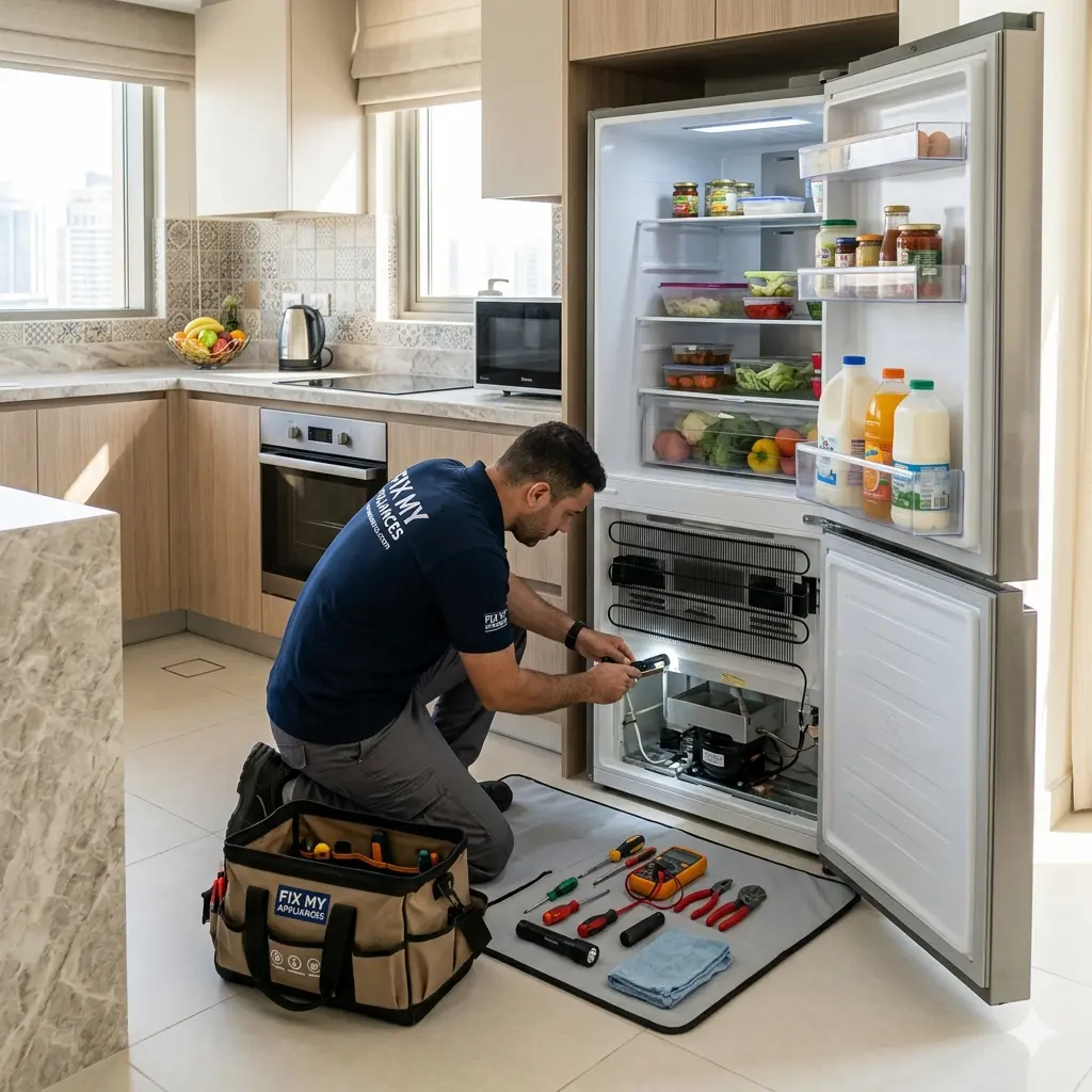 Technician fixing refrigerator not cooling in Abu Dhabi in a modern home kitchen