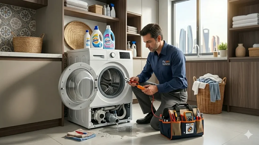 Technician performing fix washing machine repair in Abu Dhabi laundry room
