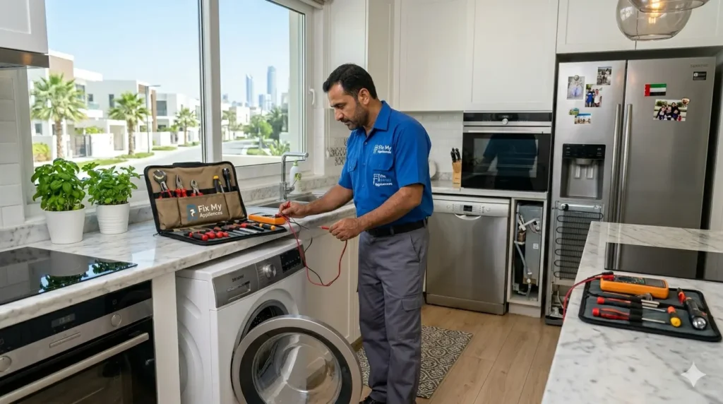 Technician performing appliance maintenance to reduce appliance repair cost Abu Dhabi in a modern home